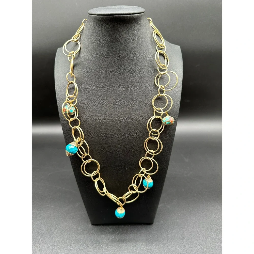 Gold Tone Chunky Link Necklace with Turquoise and Cloisonne‎ Beads Statement